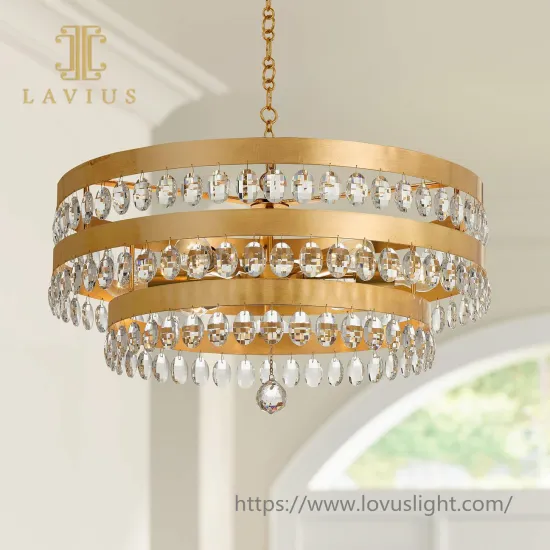 Concise design three gold brass rings crystal beads chandelier & pendant light for villa living room bedroom