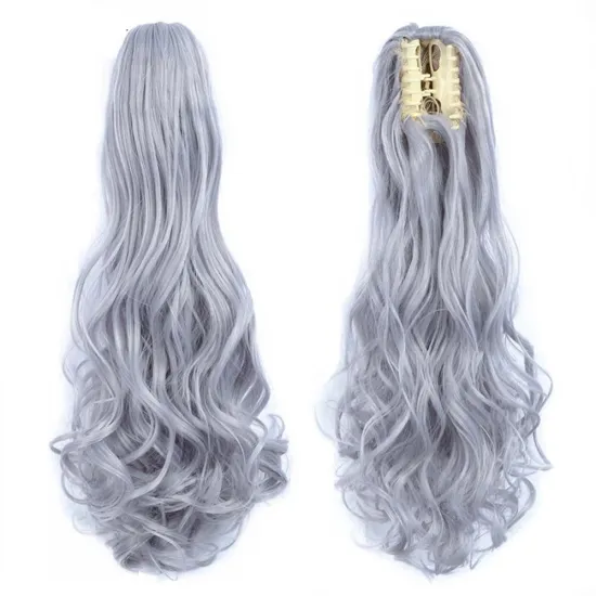 140g 20 Inches Easy Clips Wavy Curly Ponytail Hair Extension Grey Burg 613 Color Curly Wavy Synthetic Hair Claw Ponytails