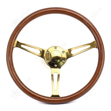 Universal 380mm Classic Wooden Steering Wheel 15 Inch Chrome Black/Gold Spoke