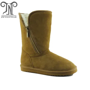 Waterproof winter sheepskin leather flat boots with zipper