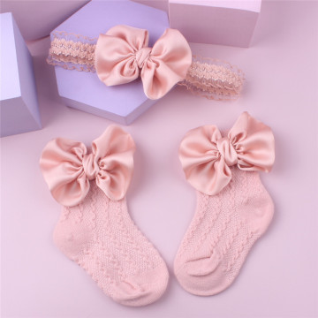 Newborn Girl Gift Set: 2pcs High Tube Stocks, Ruffled Bow Mesh Socks, Lace Ribbon Headband