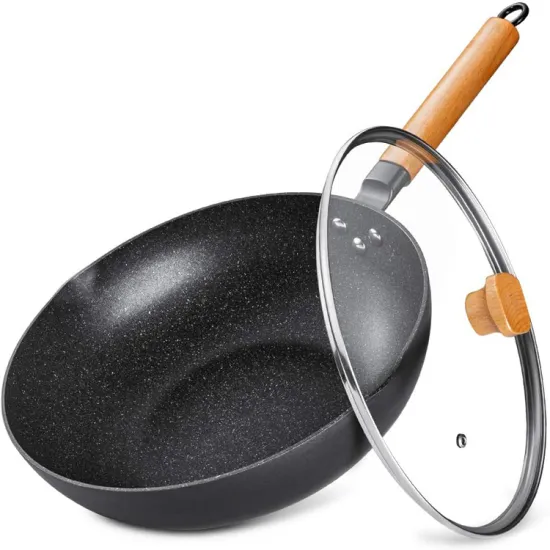 Wholesale kitchen fry pan Removable wood handle aluminum non stick frying pan with lid