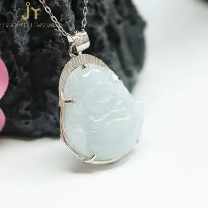Wholesale Natural Burma Jade S925 Silver Pendant Buddha Necklaces Carved from Jadeite