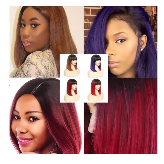 Ombre Tone Colored Human Hair Virgin Brazilian Straight Hair Wigs for Black Women Cheap Short Bob Wigs with Bangs