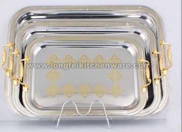 3PCS rectangle stainless steel tray with plastice handle