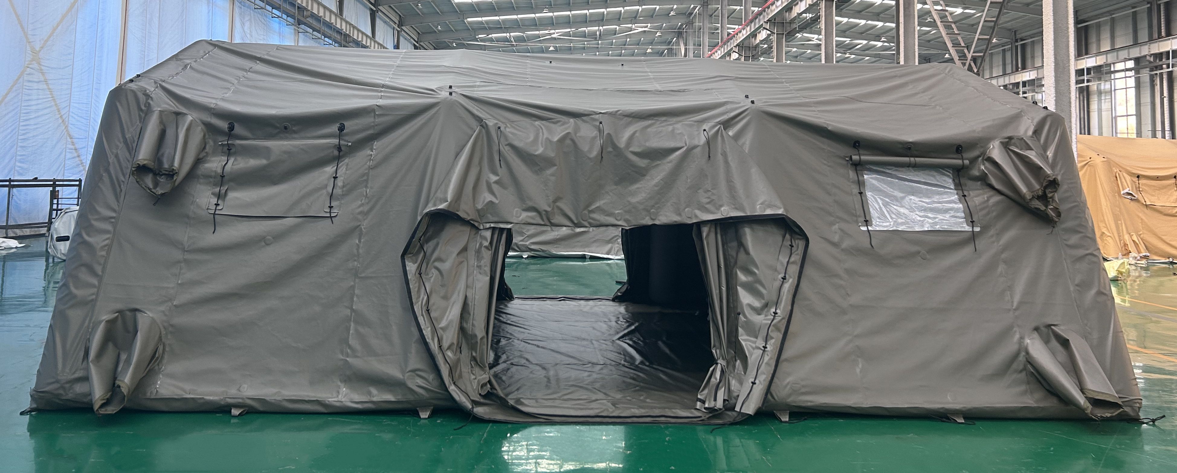 olive green inflatable tent side door