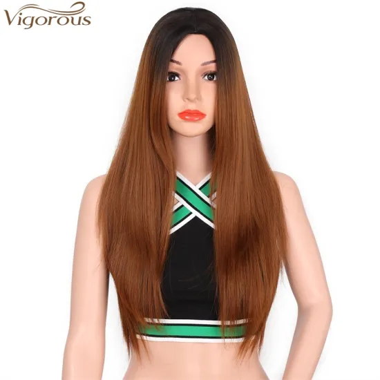 Vigorous 2 Tone Ombre Dark Root To Light Auburn Long Silky Straight Synthetic Wigs Middle Part  Natural Looking Cospaly Wigs