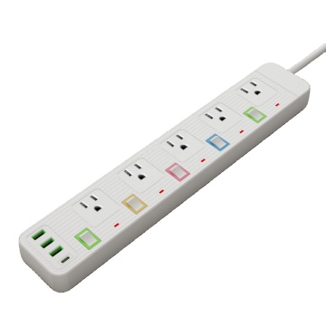 New Design US Standard Power Strip - 5 Outlets, 3USB + 1Type-C Charger Extension Socket