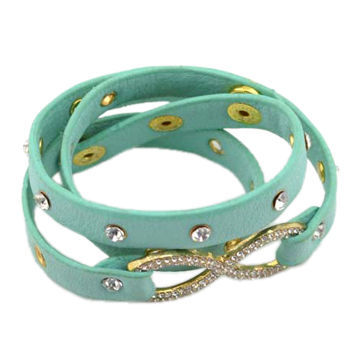 Cyan multi-layers/with rhinestone/personalized on sale/leather bangles, OEM/ODM orders are welcome