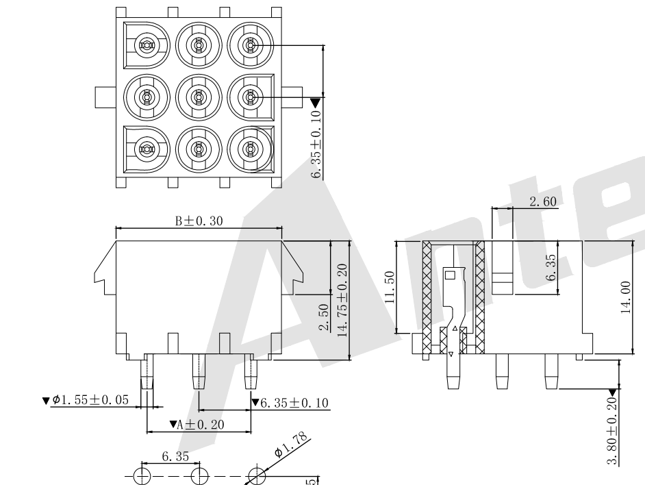 6.35mm 180° Wafer Connector Series AW6352V-3xNP