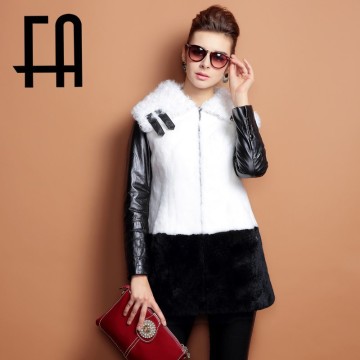 2015 FA high quality rex rabbit fur coat with lamb fur collar and leather sleeves women winter coat fashion 2015