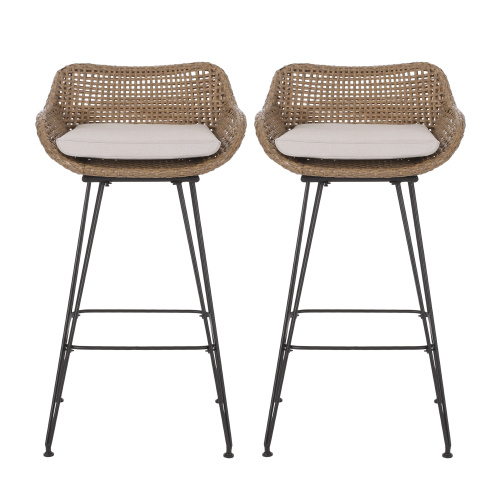 Outdoor Wicker and Iron Low Back Barstools