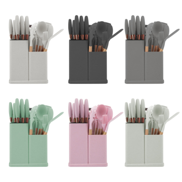 19-Piece Silicone Kitchen Utensil Set with Wooden Handles and Storage Bucket