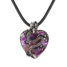 Amethyst Heart Antique Silver Dragon Gemstone Pendant (32x42mm) Necklace 45cm Black Cord