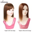 Isheeny 8"-18" Human Hair Topper Brown Color With Bangs 13x13cm Lace Middle Part Clip In Hair Piece Machine Made Weft Base Wig