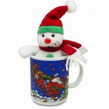 Ceramic Mug with Snowman Plush Toy, Customized Designs are Welcome