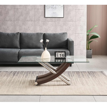 Mesa de café de vidrio con base de acero inoxidable