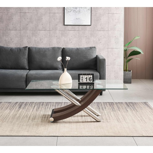 Mesa de café de vidrio con base de acero inoxidable