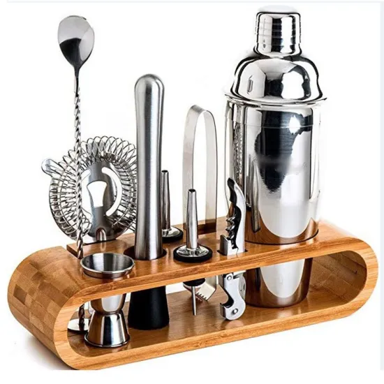 Wholesale Stainless Steel Cocktail Shaker Set: 10 Pieces with Elliptical Wooden Frame Base for Bar Tools and Supplies