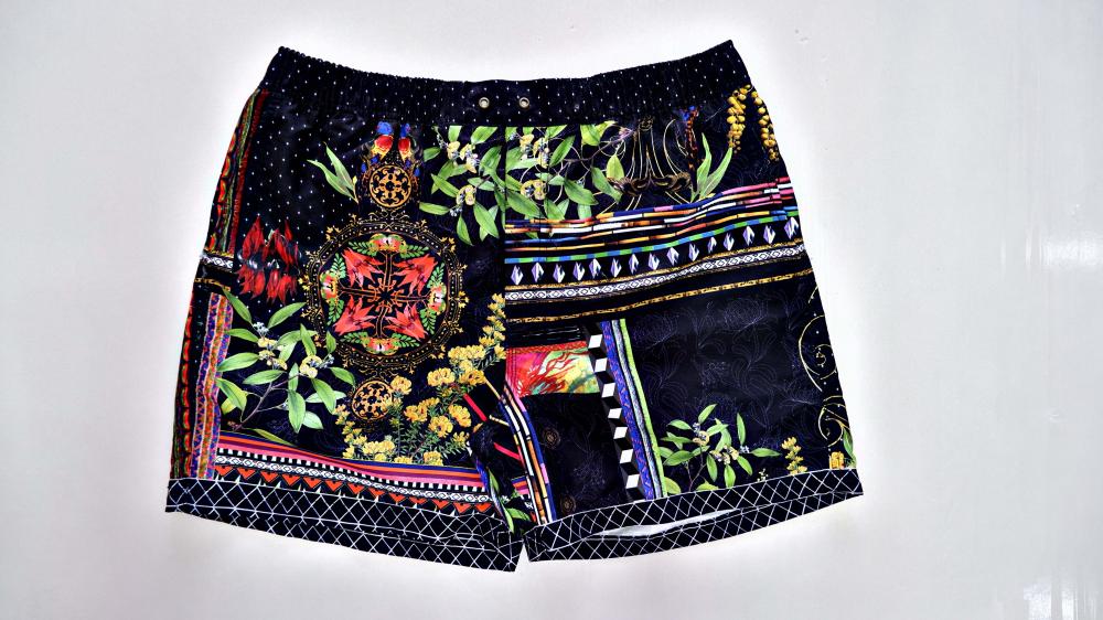 Black Retro Print Heren Beach Shorts