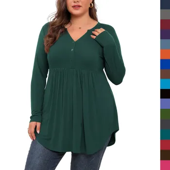 Plus Size Women's V-Neck Button-Up Henley Tunic Tops: Casual Long Sleeve Blouses with Swing Flowy Design