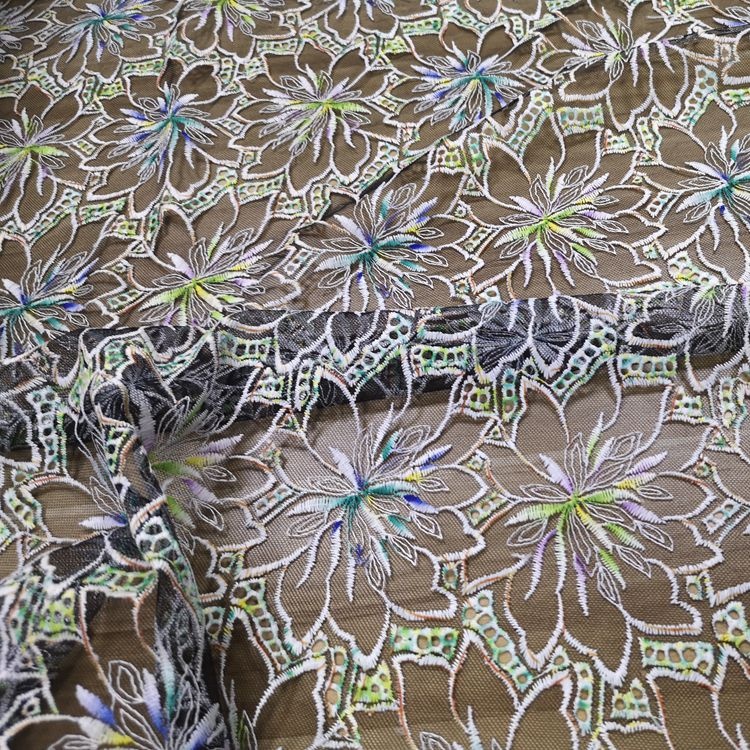 Polyester Multicolor Flat Embroidered Tulle Lace Fabrics