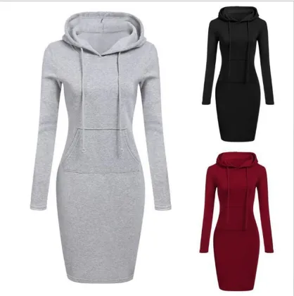 100% Polyester Women's Slim Fit Hooded Sweatshirt Dress