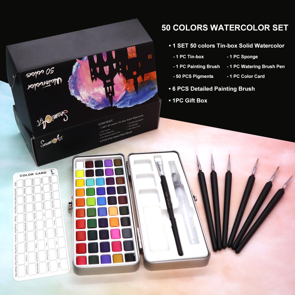 50 colors solid watercolor paint, painting brush set, gift for kids