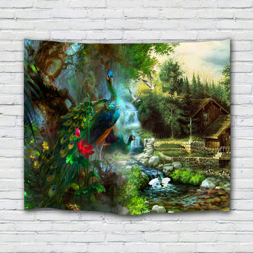 Peacock in Forest Tapestry River Chalet Crane Wall Hanging Nature Style Tapestry for Livingroom Bedroom Home Dorm Decor