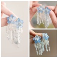 Blue and Pink Crystal Flowing Fringe Flower Earrings