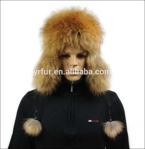 YR434E Genuine Raccoon Fur Earflat Hat with Pom Pom for Men