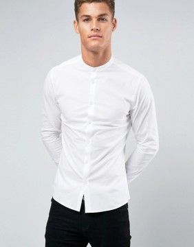 Custom New Design Grandad Collar Long Sleeve Mens Pre-Shrunk 97% Cotton 3% Elastane Solid Color Slim Fit Casual Dress Shirts