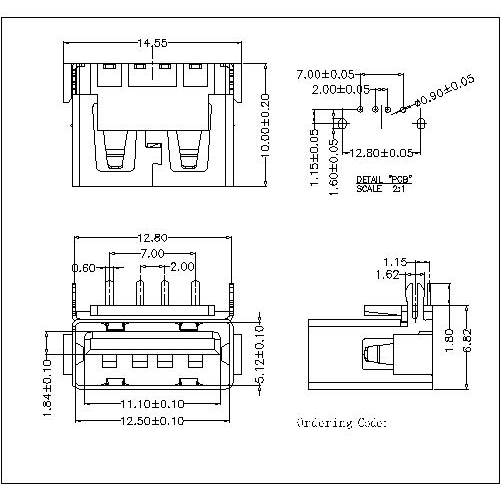 UAFR22 22-USB A Receptacle angle Dip Reverse type,short body(with rear two legs)