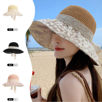 Lace Bow Straw Sunblock Hat for Summer Beach Trips