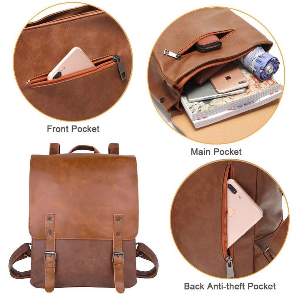 Vegan Leather Backpack Vintage Laptop Bookbag for Women Men, Brown Faux Leather Purse College School Weekend Travel Daypack