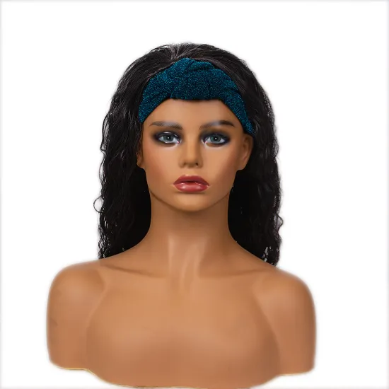Aishili black long water wave air synthetic hair wig with acid blue headband wig sfor women