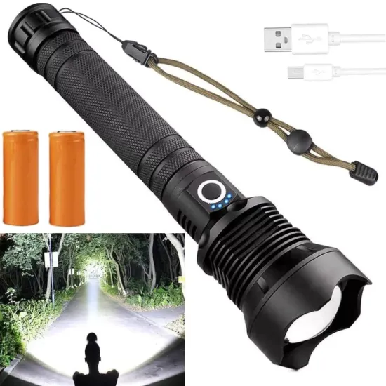 Factory Rechargeable Ultra High Brightness Waterproof Tactical Flashlight with Zoomable XHP70/50