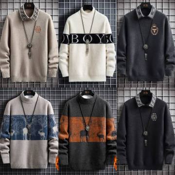 Winter Half Turtle Neck Men's Knit Sweater Pullover with Digital Printing