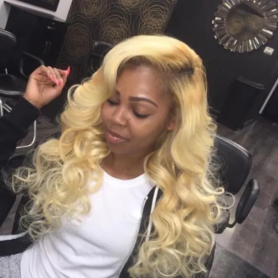 High Density Real Human Hair Raw Pre Plucked Long Natural 613 Blonde Ombre Body Wave Lace Closure Wig