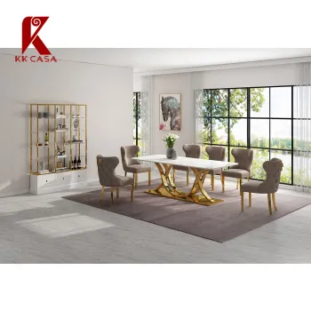 Modern Indoor Restaurant Set: Marble Dining Table and Golden Base Velvet Chairs