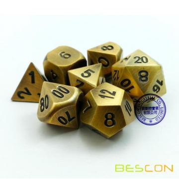 Bescon Brass Solid Metal Polyhedral D&D Dice Set of 7 Copper Metal RPG Role Playing Game Dice 7pcs Set