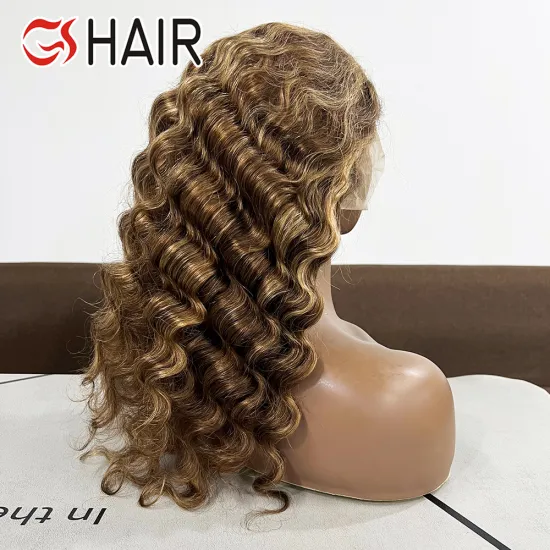 GS Highlight Color 4/27 Brazilian Ombre Brown Honey Blonde Deep Wave Wig with Swiss Lace Frontal