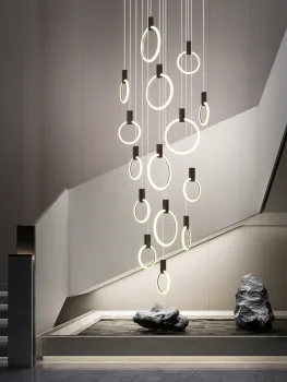Nordic luxury black LED Spiral staircase long ring chandelier large hanging lamp modern villa lighting living room round fixture