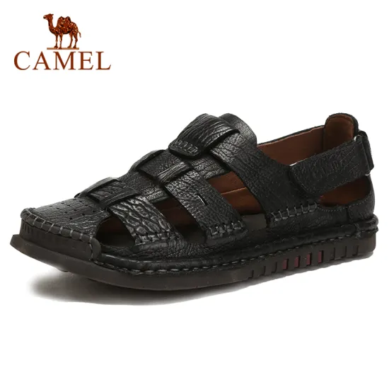 CAMEL Men's Sandals Summer Hollow Genuine Leather Male Soft Venting Elastic Middle-aged Business Non-slip Casual Shoes Men