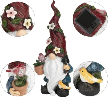 Solar-Powered Resin Gnome Statue with LED Light for Outdoor Gardens