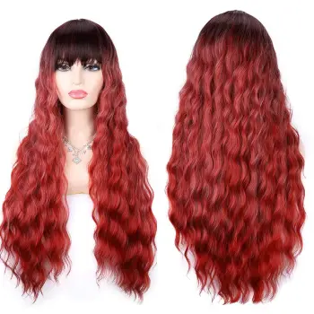 Wholesale Neat Bangs long Loose Body Wave Wine red gradient Hair wig With Bangs Natural Fluffy Long Wavy Synthetic hair Wigs