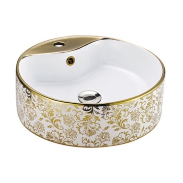 Porcelaine Round Wash bassin Évier de salle de bain Bol plaqué or avec trou du robinet