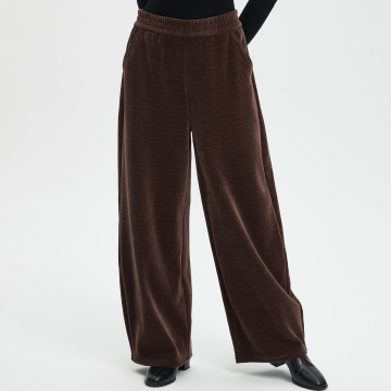 Pantaloni a gamba larga in velluto a coste marrone con elastico in vita per donna