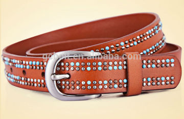 Fashion Unisex metal studded genuine leather belt in 28mm width of camel col