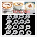 16pcs Coffee Stencil Filter Coffee Maker Cappuccino Coffee Barista Mold Templates Strew Flowers Pad Spray Art Coffee Tools